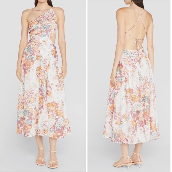 NWT Pattie Asymmetric Cut Out Linen Midi Dress in Cream Floral Size 8 - Picture 4 of 17